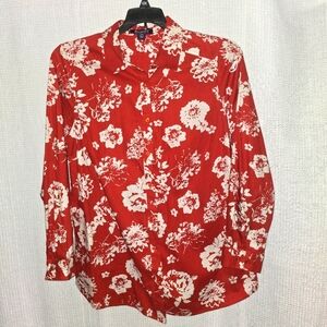 Roaman's Red Floral Button-Up Shirt Long Sleeve Sz. 14W 100% Cotton Travel